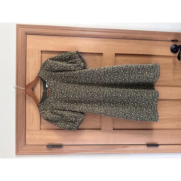 THML Olive Leopard Print Puff Sleeve Knit Mini Dress Women’s size Medium - Picture 2 of 15